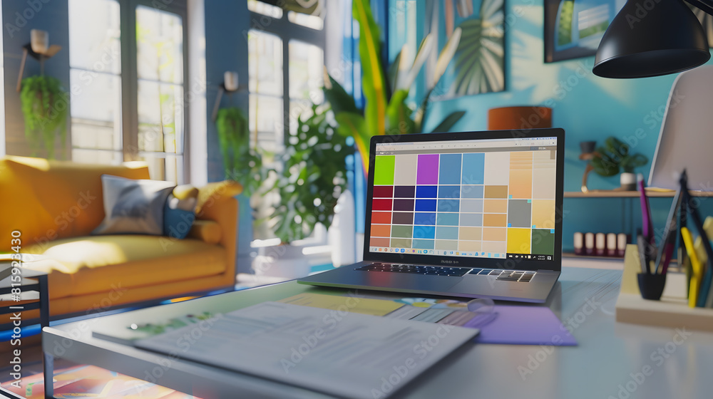 Poster interior designer workspace table and architecture software on laptop screen with mood board materia