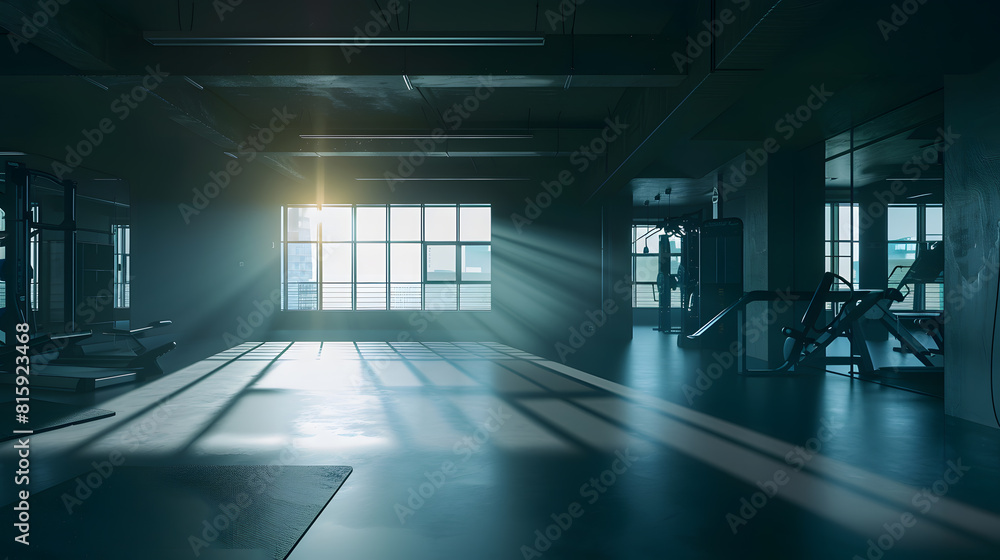 Poster gym interior and empty space or dark room with window and light flare for exercise training and fitn