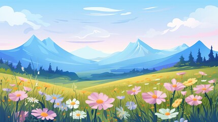Fototapeta premium wildflowers in a meadow flat design front view natural landscape theme cartoon drawing colored pastel