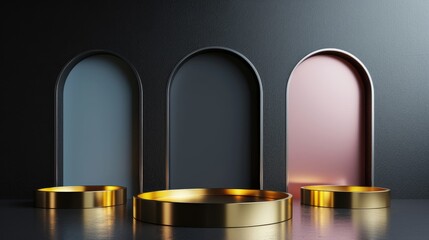 Three golden cylinder podium displays with black pink, and grey geometric arch shape backdrop on dark background for product showcase