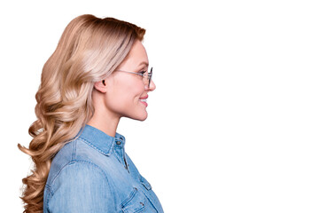 Fototapeta premium Close-up profile side view portrait of her she nice-looking cute charming attractive cheerful cheery optimistic wavy-haired lady isolated over gray purple violet pastel background