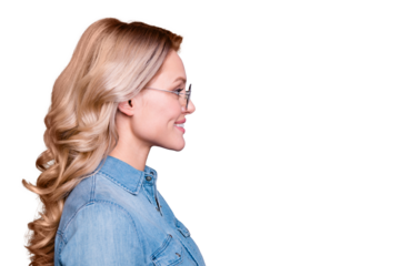 Close-up profile side view portrait of her she nice-looking cute charming attractive cheerful cheery optimistic wavy-haired lady isolated over gray purple violet pastel background