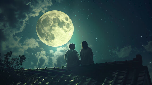 Two people sitting on a roof, gazing at a large full moon in the night sky. Tsukimi.
