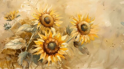 Sunflowers, oil painting, beige background, watercolor, vintage style