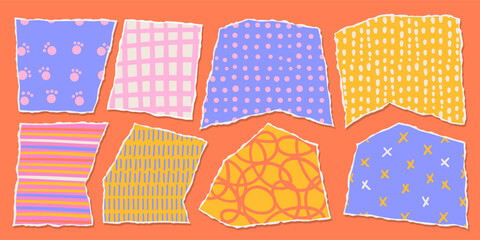 Collage torn out Paper Shape Set in Contemporary Style with cute hand drawn patterns. Vector Abstract Colorful sheets isolated on a dark background.