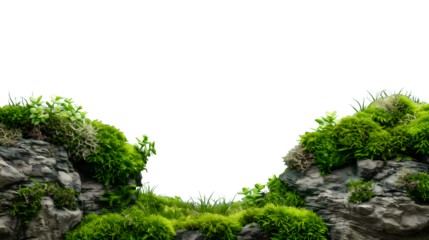 Green moss grown up cover the stones on transparent background