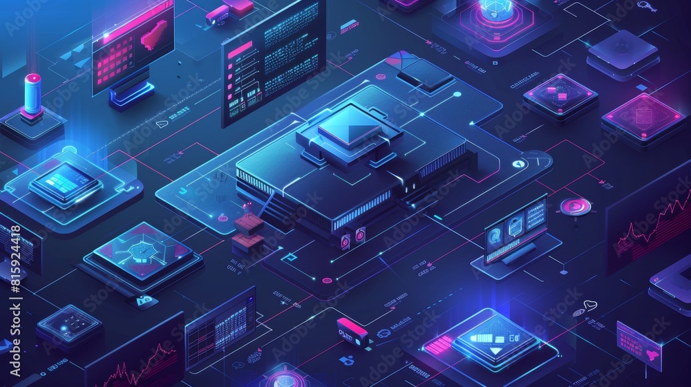 Poster the development of 3d modern web banners as part of the link building isometric landing page. effect