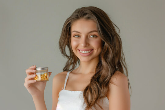 with radiant smile and lustrous hair, a young woman becomes the focal point of a commercial photo as she holds a jar of daily vitamin capsules supplements for iron deficiency anemi
