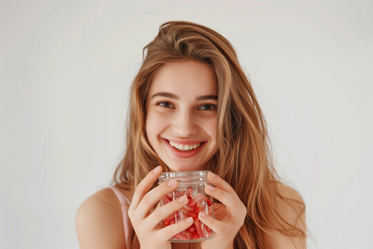 with radiant smile and lustrous hair, a young woman becomes the focal point of a commercial photo as she holds a jar of daily vitamin capsules supplements for iron deficiency anemi