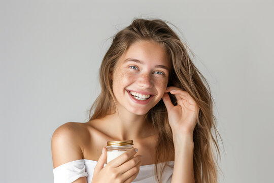 with radiant smile and lustrous hair, a young woman becomes the focal point of a commercial photo as she holds a jar of daily vitamin capsules supplements for iron deficiency anemi