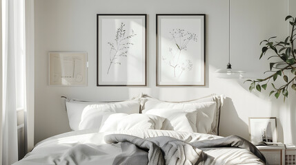Mockups for wall decor in the bedroom interior 3d render for 2 posters on the wall Modern interior style : Generative AI