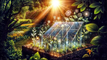 A dreamlike, surreal photomanipulation with solar panels amidst glowing, ethereal flowers and foliage set against a magical rainforest backdrop, bathed in warm sunrays.