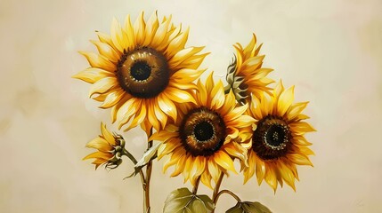 Sunflowers, oil painting, beige background, watercolor, vintage style