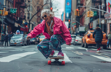 an elderly woman with white hair and sunglasses, wearing stylish and sneakers, riding on her longboard skateboard down the street in full speed