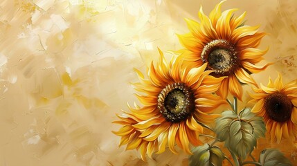 Fototapeta premium Sunflowers, oil painting, beige background, watercolor, vintage style