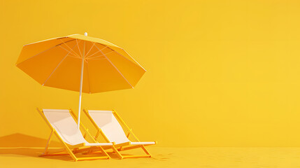 Beach chairs and umbrella on a yellow background, summer vacation concept, minimal style, banner with copy space area for text, 3d render style