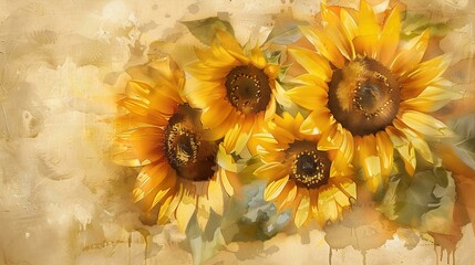 Sunflowers, oil painting, beige background, watercolor, vintage style