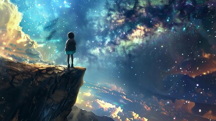 awestruck child standing at cliff edge gazing at glittering galaxy sky enchanting night landscape digital painting