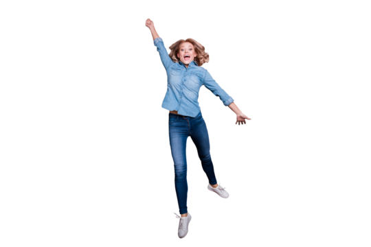 Full length body size view portrait of nice cute charming lovely attractive careless carefree funny cheerful wavy-haired lady holding umbrella flying up isolated over gray pastel background