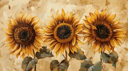 Sunflowers, oil painting, beige background, watercolor, vintage style