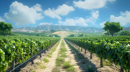 Scenic vineyard landscape with rows of grapevines and clear skies: A tranquil summer wine country...