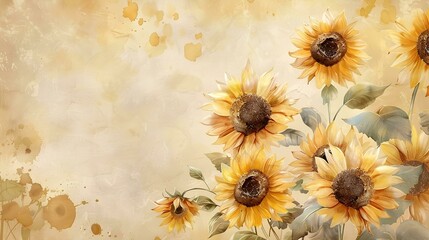 Sunflowers, oil painting, beige background, watercolor, vintage style