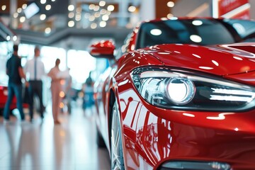 Luxury car dealership display with potential buyers, automotive sales concept.