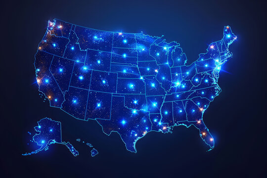 Blue map of United States of America with states background, glowing blue lights