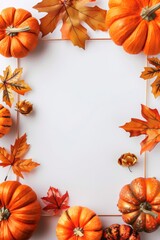 Fototapeta premium Frame design with pumpkins and orange autumn leaves. White background. Ready to use card, template for Halloween party invitation, season greeting etc. Blank space for text.