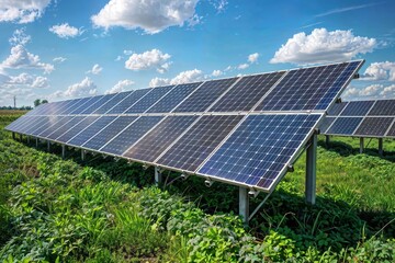 Solar panel array in grassy field under blue cloudy sky, depicting renewable energy production from photovoltaic systems in rural setting.