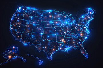 Digital blue map of United States of America with states background, glowing neon lights