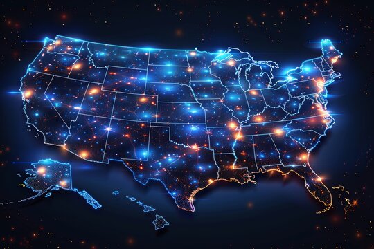 Digital map of United States of America with states background, glowing neon lights - Powered by Adobe