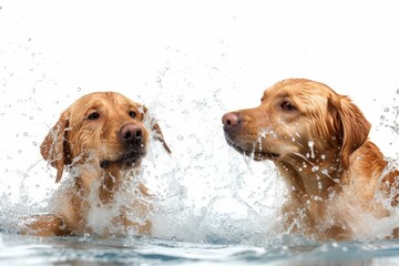 Labrador Retrievers Water Splash: Capture the joy of Labrador Retrievers playing in water and creating splashes. photo on white isolated background