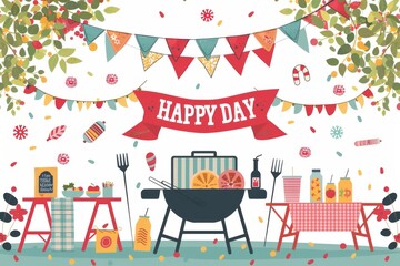 Join us for a festive backyard barbecue celebration on Labor Day, with a sign that reads 'Happy Labor Day' surrounded by colorful decorations.