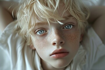 Close-up of a tranquil young child with striking blue eyes and freckles