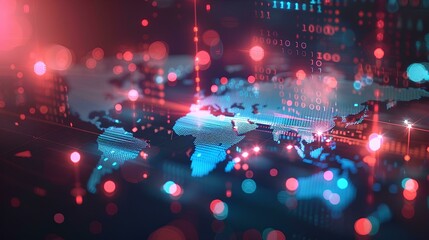 A digital map of the world with glowing blue and red lights, representing global network technology concept background with data center interface elements. Hightech cyberpunk style