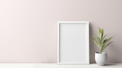 one white picture frame placed on a white table with some plant pot beside it