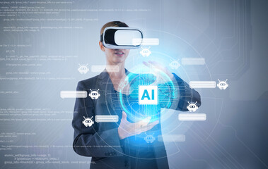 Businesswoman using AI generated while looking at holographic icon. Skilled project manager...