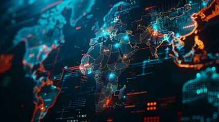 A digital map of the world with glowing blue and red lights, representing global network technology concept background with data center interface elements. Hightech cyberpunk style