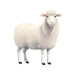 A cartoon sheep with white wool is standing and smiling.