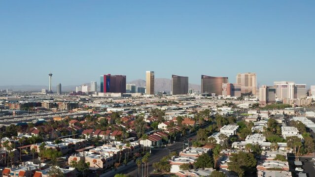 Aerial shot of Las Vegas City Strip Skyline Casinos Highway Car Traffic 21