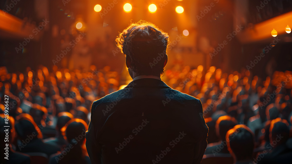 Poster captivating speaker: dynamic body language enthusiasm in public speaking event