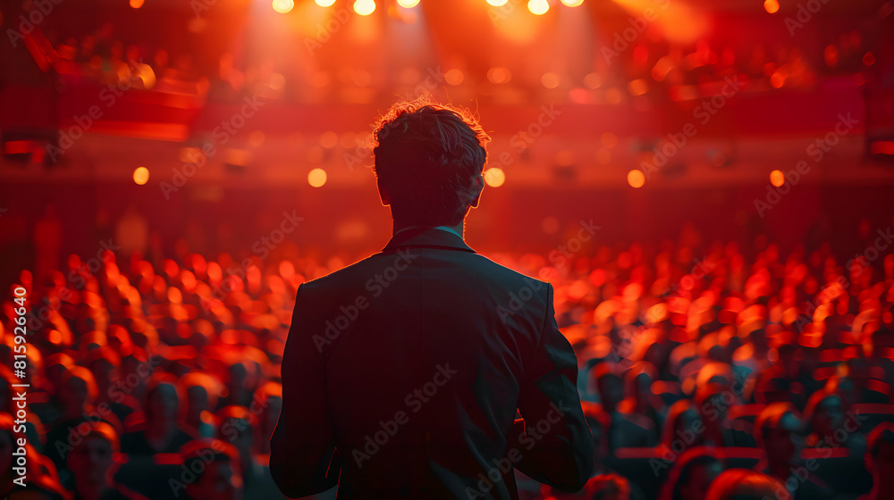 Poster powerful speaker: energetic body language captivating audience with positive enthusiasm and public s
