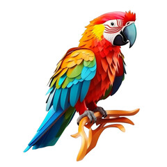 Obraz premium A multi-colored parrot is perched on a branch. The parrot has bright red, yellow, blue, and green feathers.