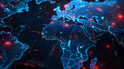 A digital map of the world with glowing blue and red lights, representing global network technology concept background with data center interface elements. Hightech cyberpunk style