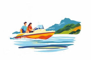 A romantic couple enjoying a leisurely boat ride on a serene lake, surrounded by nature's beauty on a sunny Labor Day holiday.