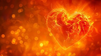 bright red heart surrounded by warm orange glow conceptual illustration