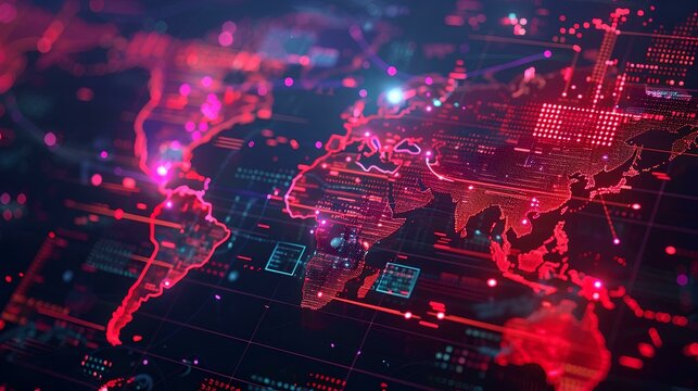 A digital map of the world with glowing blue and red lights, representing global network technology concept background with data center interface elements. Hightech cyberpunk style
