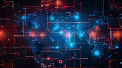 A digital map of the world with glowing blue and red lights, representing global network technology concept background with data center interface elements. Hightech cyberpunk style