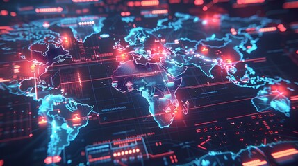 A digital map of the world with glowing blue and red lights, representing global network technology concept background with data center interface elements. Hightech cyberpunk style